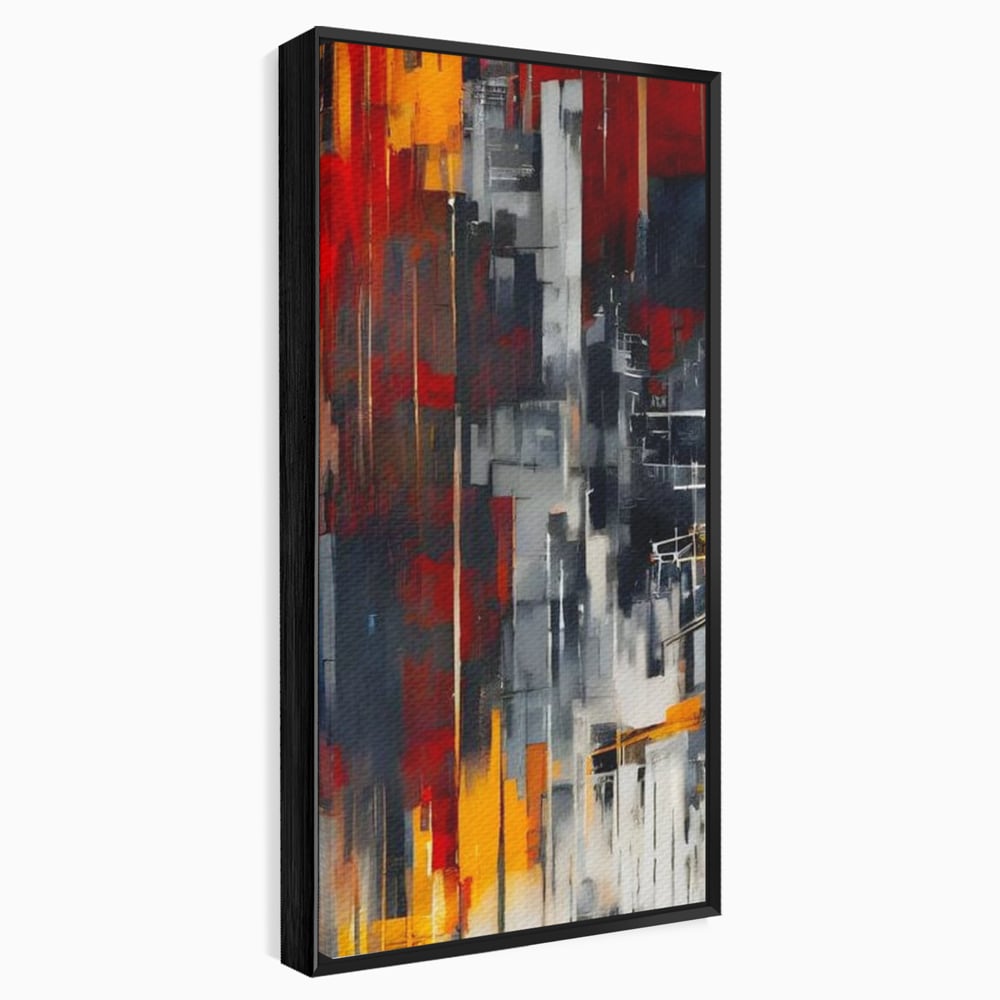 Tablou canvas cu pictura abstracta verticala cu linii urbane, in rama de aluminiu negru